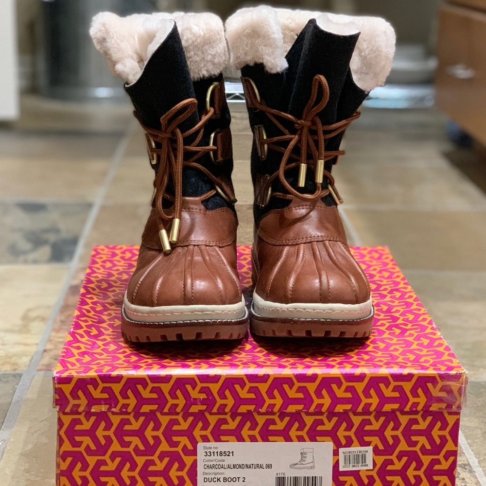 Tory Burch Grey Flannel Brown Leather Duck Boot 2